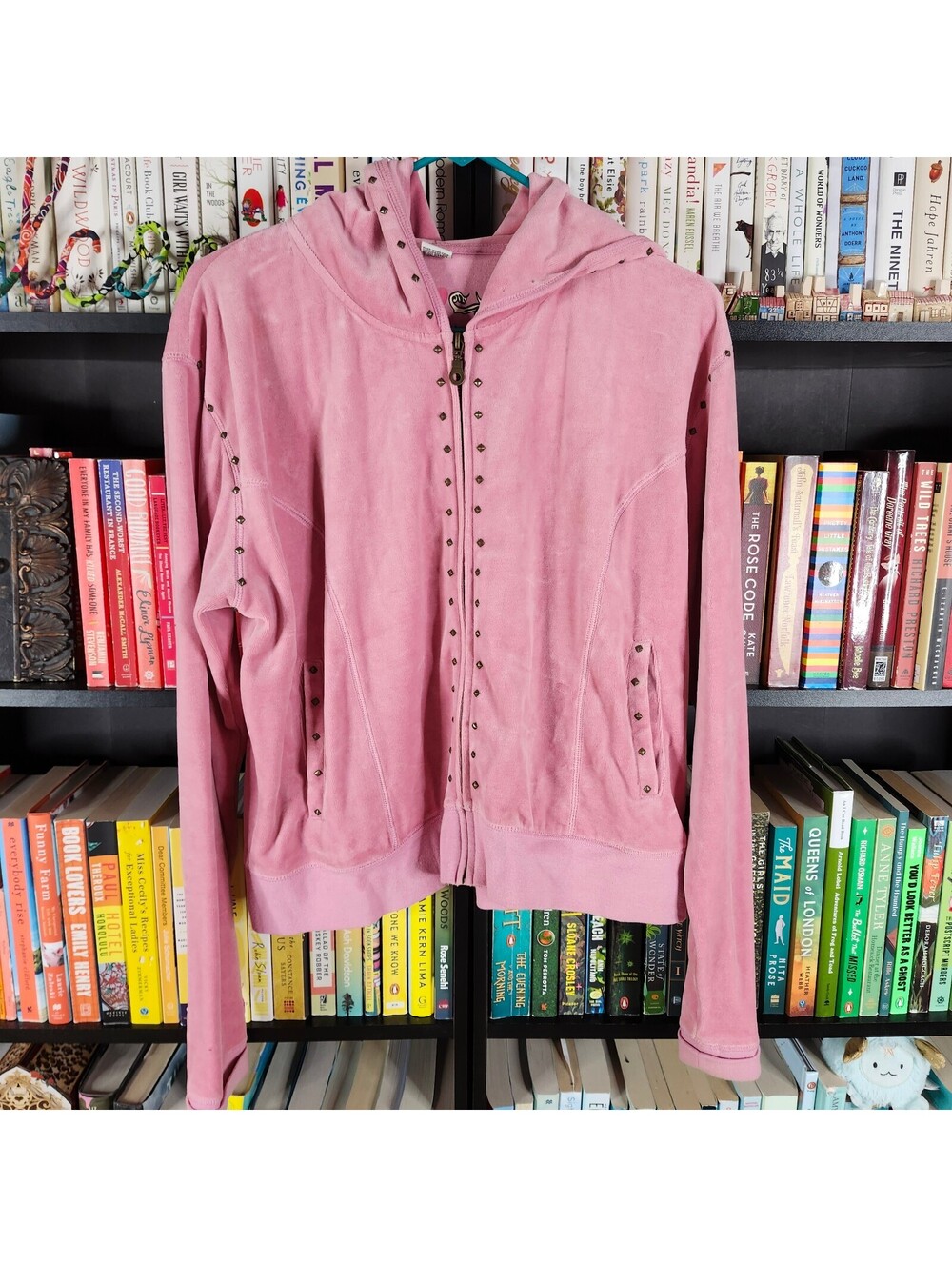 Apollo Pink Velour Zip Hoodie Women's 1XL Studded Y2K Full Zip Sweatshirt